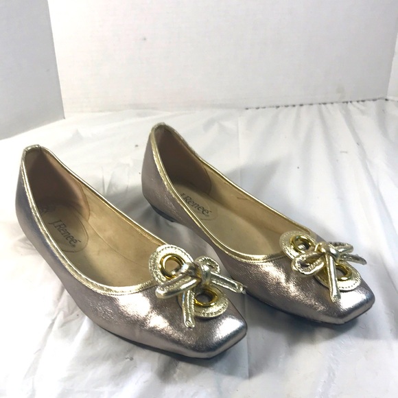J. Renee Edie Metallic Gold Leather Square Toe Bow Accented Women's Dress Flats